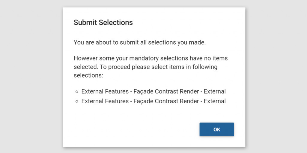 Online Selections Mandatory Selections dialogue box reminder