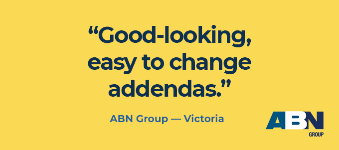 "Good looking, easy to change addendas" quote from ABN Group Victoria about Constructive Online Selections