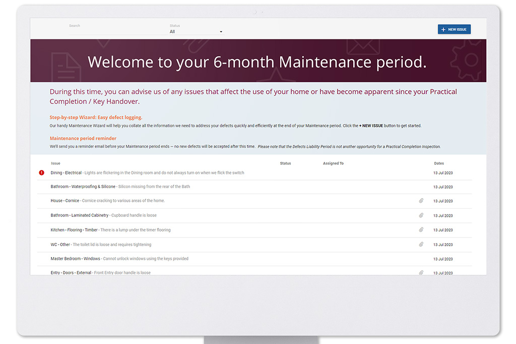 Welcome to your 6 month Maintenance period screen